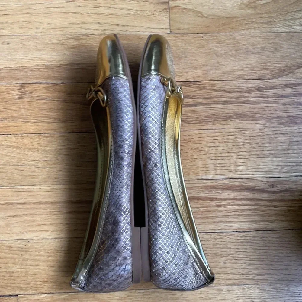Tory Burch size 7 gold ballet flats good pre owned condition metallic crisscross